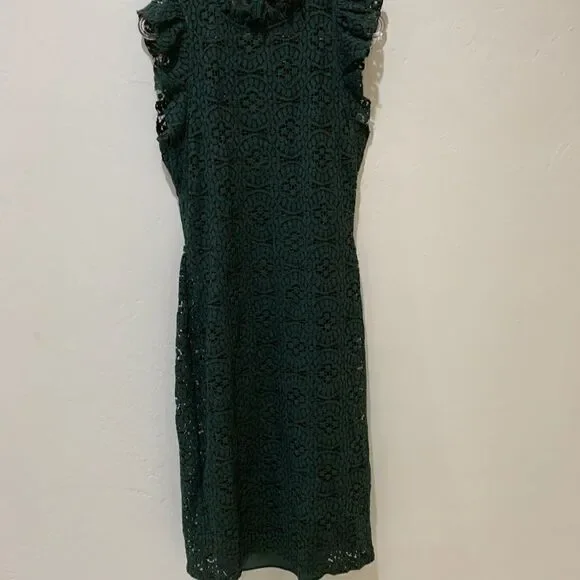 ZARA green jewel tone lace midi high neck holiday party dress small - Picture 7 of 16